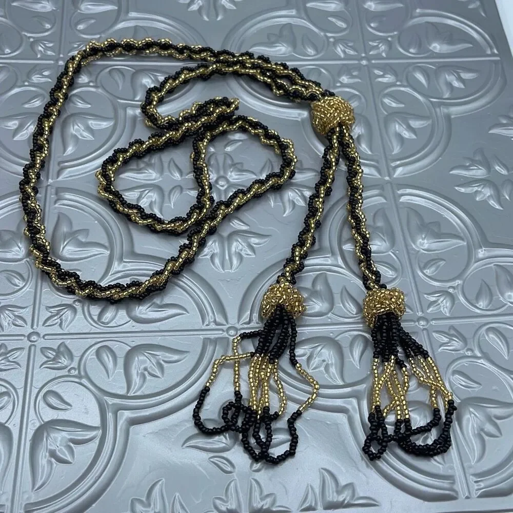 Vintage long seed bead flapper style black n gold necklace - Picture 1 of 11